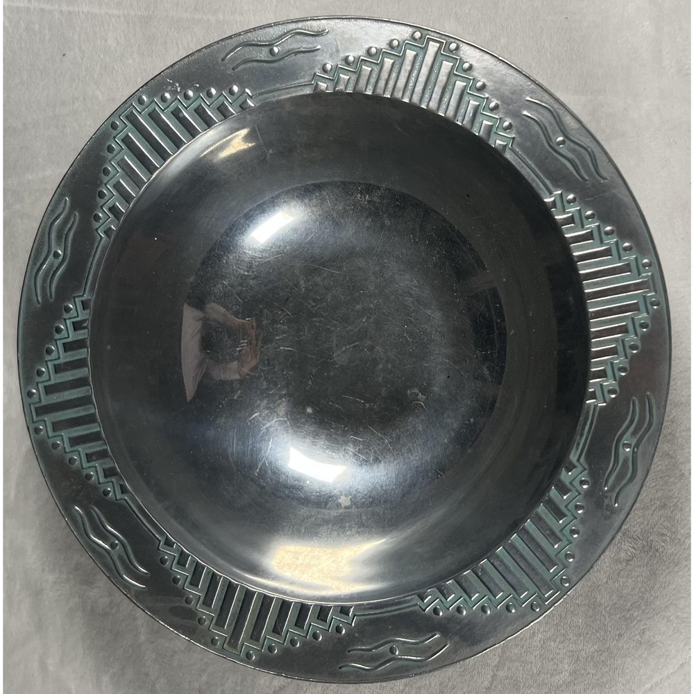 Wilton Armetale Mount Joy USA Large‎ Round Serving Bowl Art Deco Turquoise Rim